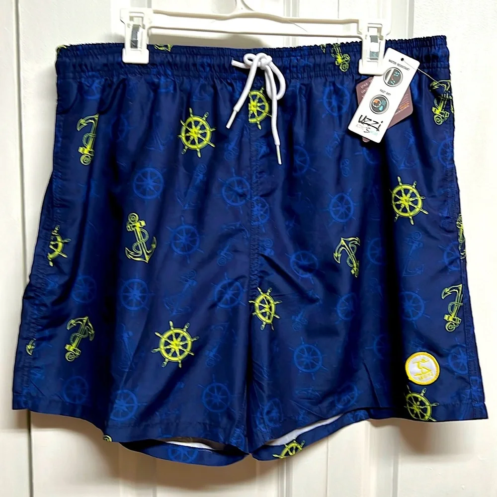 UZZI Navy Blue Anchor Print Water Resistant Active Swim Trunks Mens Size 2XL NWT